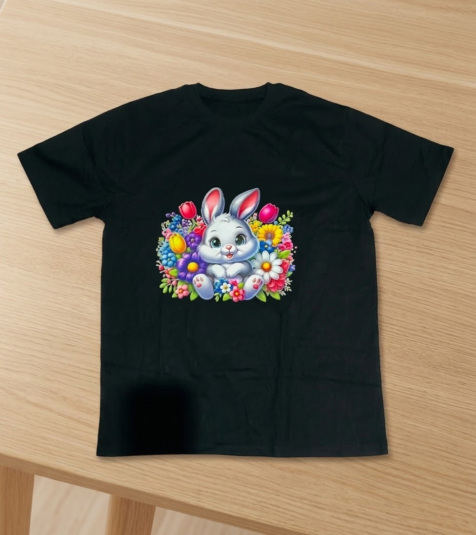 Floral Bunny Black T Shirt