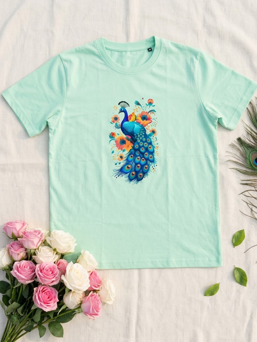 Majestic Peacock & Floral Graphic Tee- Mint Green